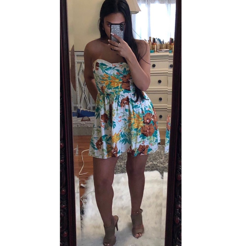 Strapless white floral printed dress